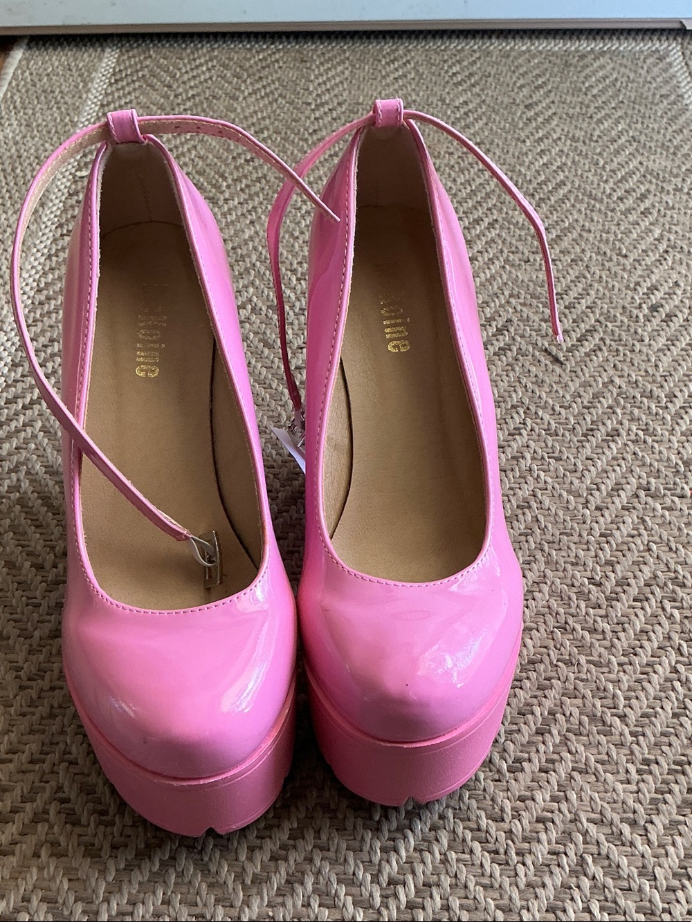 Patent Pink Platform Mary Jane Pumps with Ankle Tie